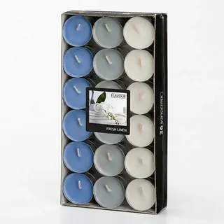 Ameisenkeks® 36x Duftteelichter Fresh Linen – Aroma-Kerzen Set in Weiß, Grau & Blau – Brenndauer ca. 4 Std. – Ø 38 mm