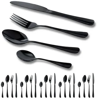 GOODFEER Schwarz Besteck Set 6 Personen, 24 Teilig Besteckset, Inkl Messer, Gabeln Löffel und Dessertlöffel, Cutlery Edelstahl Spiegelpoliert Spülmaschinenfest, Schwarzes Matt Farbe