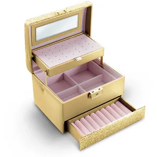 Massido Schmuckkästchen Schmuckschatulle mit Spiegel Schmuckaufbewahrung Organizer Tragbar 17,5 x 13,7 x 12,5 cm Gold