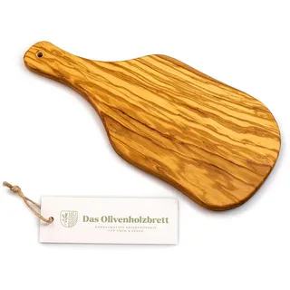 DAS OLIVENHOLZBRETT® Knoblauch Schneidebrett aus Olivenholz/Kräuterschneidebrett/Zwiebelbrett aus Holz mit Griff/kleines Servierbrett mit Loch zum Aufhängen incl. Griff 25cm