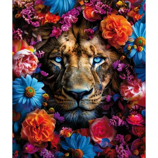 Bönninghoff Leinwandbild "Wandbild LÖWE BLUMENKRANZ XXL 118x140 cm – Leinwandbild Keilrahmen" Blumen  Blumenbilder  Kunst  Löwe  Löwen  Pflanzen  Pflanzenbilder  Raubkatzen  Tiere 1 Stk. tlg. auf Keilrahmen gespannt, farbe bild(er): braun, blau, gelb, orange, lila