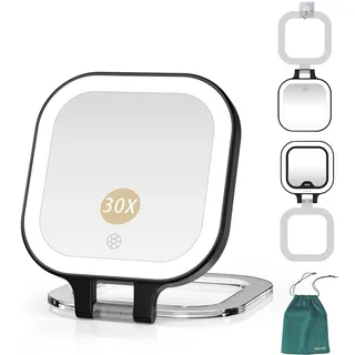 Mocado Beidseitig Taschenspiegel, 1/30 Fach Vergrößerungsspiegel mit Licht | Wiederaufladbar Reisespiegel mit 3 Farben Lichter, Dimmbarer Touchscreen, Tragbarer Kosmetikspiegel(Schwarz)