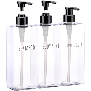 Segbeauty Transparenter Seifenspender, 500 ml 3er Set Pumpflasche mit Wasserdichtes Etiketten, Kunststoff Leerflaschen für Shampoo Conditioner Body Soap, Minimalistisches Design Reiseflaschen Set