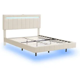 Polsterbett 160x200 cm Schwebebett mit Led, USB & Kopfteil, Leinen beige , Beige , Holz , 160x200 cm , Schlafzimmer, Betten, Polsterbetten