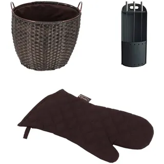 Holzkorb-Set| Holzkorb, Kaminhandschuh, Kaminbesteck| Rattan Braun| 68 L