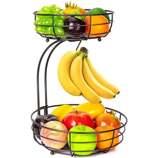 Bomclap Obstkorb mit Bananenhalter - 2 Stöckig Obstschale aus Metall - Küche Stehend Moderne Obstschalen - Dekorativer Gemüsekorb Obstschale - Braun