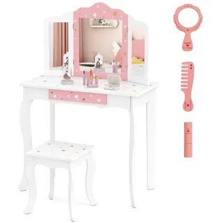 COSTWAY Kinder Schminktisch mit Hocker, Prinzessin Frisiertisch mit Schublade & 3-Fach klappbarer Spiegel, Frisierkommode rosa weiß, Schminkkommode für Mädchen