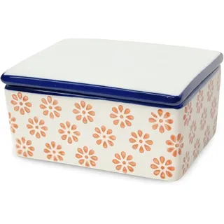 PARUSIA Butterdose Porzellan mit Deckel, Steingut Geschirr, Butterdosen in 4 verschiedenen Designs: Blüten, Ornamente, Herzen, vintage, Butterdose Keramik für Butter (Blüten orange)