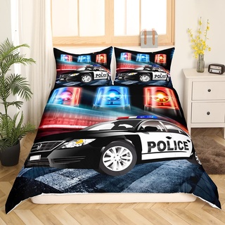 Kinder Polizei Auto Bettwäsche Set Kleinkind Jungen Polizist Bettbezug Schwarz The Polica Fahrzeug Bettwäsche 135x200 cm Auto Auto Dekor Betten Set mit 1 Kissenbezügen für Erwachsene Mädchen