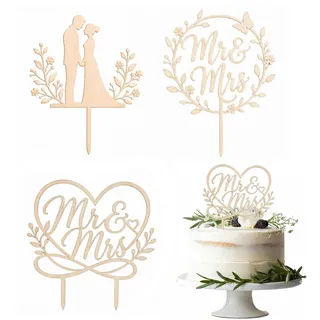 Sukizifa Cake Topper Hochzeit, 3 Stück Mr und Mrs Deko, Holz Hochzeitstorte Deko für Hochzeit, Verlobung, Jubiläum, Elegante Tortenstecker Hochzeit