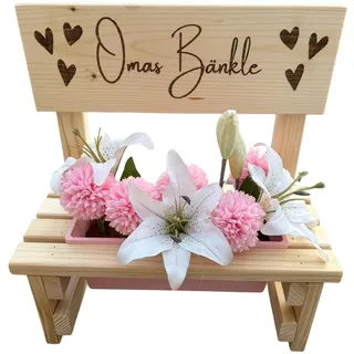 KlaSa Kreativwerkstatt Blumenbank aus Holz mit Gravur,Dekorative Pflanzbank mit Blumenkasten,Geschenk für Mama,Oma,Opa–Gartenbank für Balkon&Terrasse, Outdoor Muttertag (Omas Bänkle)