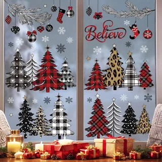 decalmile Fensterbilder Weihnachtsbaum Rot Schwarz Karo Fensteraufkleber | Statische Anti-Kollision Fensterdeko, Beidseitiger Druck, auf Beiden Seiten klar Sichtbar, Wasserdicht, Abnehmbar