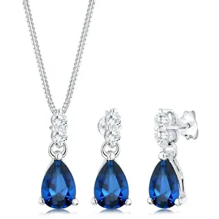ELLI PREMIUM Ohrring und Ketten Set »Schmuckset Zirkonia Synthetischer Saphir Blau 925 Sterling Silber« (), silberfarben