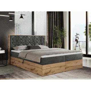 MKS Meble Boxspringbett 160x200 mit Bettkasten, Polsterbett 160x200 mit Matratze H3, Boxspringbett 160x200 mit Kopfteil, Boxspringbett mit Massivholz - Nessi - Dunkelgrau Velvet - H3 - Grau