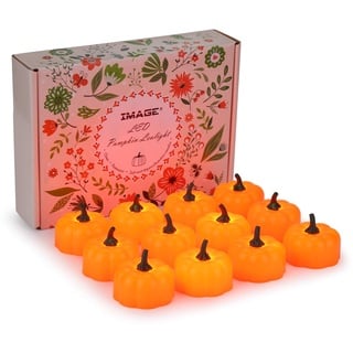 IMAGE Kürbis Teelichter 12 Stück LED Halloween Teelicht flackernde mini Orange Pumpkin Kerzen mit Batterie Deko für Halloween Weihnachten Party Außen