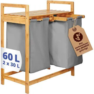 Lumaland Wäschekorb Bambus mit 2 ausziehbaren Wäschesäcken | Pflegeleichtes Material, unempfindlich gegen Nässe und leicht abwischbar | Höhe ca. 73cm x 64cm Breite x 33cm Tiefe [Dunkelgrau]