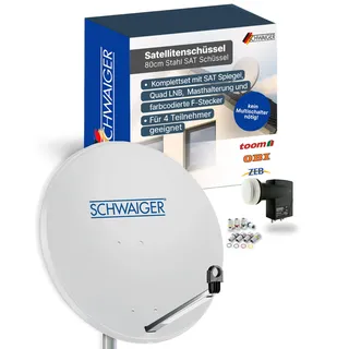 SCHWAIGER Satellitenschüssel Komplettset - Ø 80 cm Stahl Offset Antenne in Hellgrau - Inkl. sonnengeschütztes Quad LNB 4-Fach - Digital HD & 4K Empfang - Integrierte Kabelführung & wetterfest