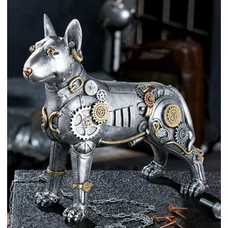 Casablanca Deko Figur Hund Pitbull - Tierfigur im Steampunk Design aus Kunstharz - Farbe: Antik Silber - Höhe 29 cm