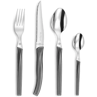 Lou Laguiole RISING SUN Besteck Set 6 Personen | 24-teilig | Grau glänzend | Essbesteck 6 Personen spülmaschinenfest | 18/0 Edelstahl mit Mikroverzahnung | 6x Messer, Gabel, Löffel & Kaffeelöffel