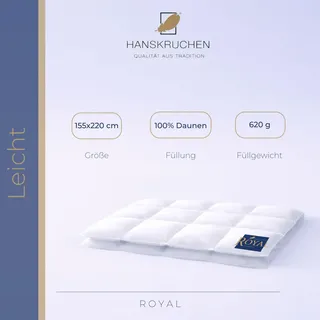 HANSKRUCHEN Royal Dauneneinziehdecke 155x220 cm Leicht 100% Gänsedaunen waschbar Allergiker Steppdecke atmungsaktiv Daunendecke weiss - Weiß