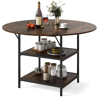 Runder Esstisch Ø 120 cm für 4-6 Personen mit 2 Ablagen, Holzoptik Vintage Braun - Braun