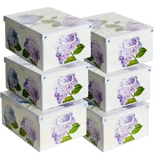 Set aus 6 Aufbewahrungsboxen mit Deckel – Große Kleiderboxen aus Karton 39x50x24 cm – Robust, leicht zu montieren, mit Tragegriffen – Perfekt für Kleiderschrank & Saisonwechsel Hortensien
