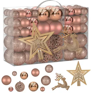 CHarmeFleur 102 Stück Sortierte Roségold Weihnachtskugeln Zerbrechfeste Tannenbaumschmuck Set Rosa Weihnachtsschmuck Weihnachtsbälle