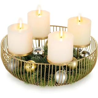 Sziqiqi Adventskranz Modern Metall Gold, 30cm Rund Gestell | Adventsgesteck Schale für 4 Stumpenkerzen, Adventskorb zum Selbstdekorieren, Advent-Kerzenständer für Weihnachtsdeko Tisch