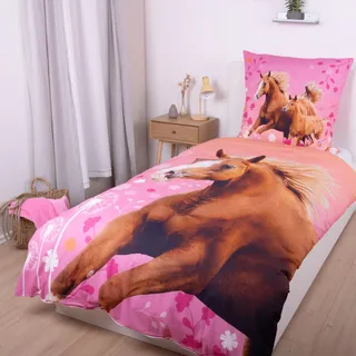 MATT & ROSE Pferde Bettwäsche Set 135x200 80x80 cm - Rosa Flanell Bettwäsche für Mädchen mit Reißverschluss - 100% Baumwolle Horse Floral geblümt
