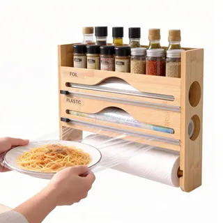 Küchenrollenhalter aus Holz, 3-in-1 Folienspender Wandmontage mit Cutter, Bambus Frischhaltefolienspender & Alufolie Halter für Küche, Papierhandtuchhalter mit Gewürzregal