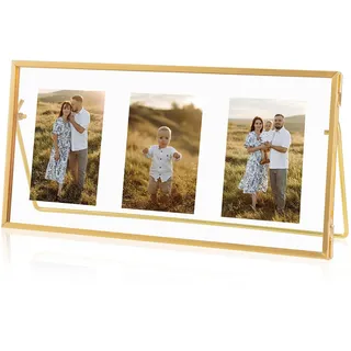 Jajamy Goldener schwebender Bilderrahmen, gehärtetes Glas, schwebende Rahmen, passend für 3 Fotos, 5.08x7.62 cm, Vintage-Stil, goldfarben, Collage-Bilderrahmen für Tischdisplay (horizontal)