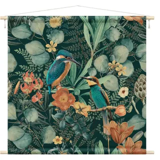 micasia Wandteppich Andrea Haase Tiere Stoffbild inkl. Holzstäbe & Seile Wanddeko - Made in Germany - Vögel Modern grün Wohnzimmer Schlafzimmer Wandbehang 1005 (145x145cm)