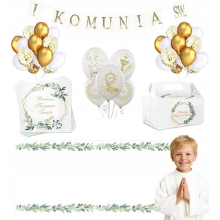Kommunion-Set KOMMUNION Luftballons Tischläufer Servietten Banner Tortenschachteln