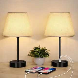 LIANTRAL 2er-Set Nachttischlampen mit 2 USB-Anschlüsse, E27, Modern Tischleuchte Stoff Lampenschirm Metallbasis Nachtlicht Tischlampe für Schlafzimmer, Wohnzimmer, Büro