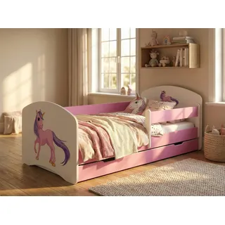 Happy Babies Kinderbett - Satz Mit Matratze & Schublade und Rausfallschutz, 70x140, Mädchen Kinderbetten & Jugendbett Jungen Kids Bed, Einhorn - Rosa
