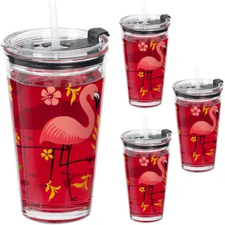 Relaxdays Trinkgläser 4er Set, Flamingo-Motiv, Deckel & Strohhalm, 450 ml, Glasbecher Kinder, Smoothieglas, transparent