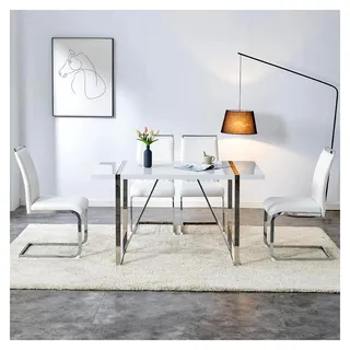 Freischwinger Schwingstuhl 2er Set, Esszimmerstühle mit hoher Rückenlehne aus PolyurethanKunstleder und Leinen, Metallgestell, Moderner Küchenstuhl, Polsterstuhl für Wohnzimmer und Konferenzraum, Weiß