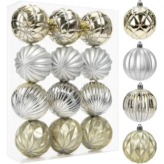 Arborus 12 Stück Weihnachtskugel 8 cm Weihnachtsbaumkugeln Set Kunststoff Christbaumkugeln Geriffelt Dekokugeln Champagner Christbaumschmuck Weihnachtsbaumschmuck Türkranz Deko Weihnachtsdeko