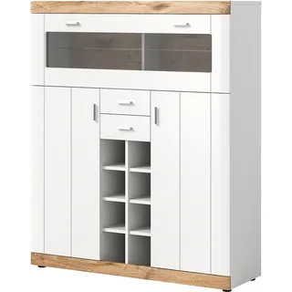 Kommode "Sopela" in weiß mit Eiche Landhaus Highboard mit Flaschenregal, Soft-Close - Weiß