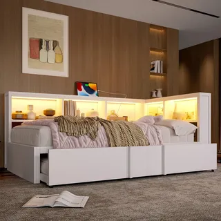 Metall-Tagesbett, 90 x 200 cm, mit Ausziehbett, Stauschränken, LED-Beleuchtung und USB-Anschlüssen, Weiß[Robuste Konstruktion] Dieses Tagesbett ist au - Weiß