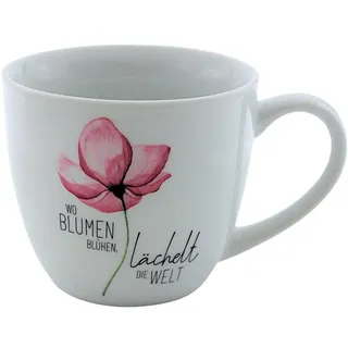 Dekohelden24 Maxi Kaffeebecher/Tasse aus Porzellan, XXL Kaffeepot, Motiv: Blüte, Wo Blumen blühen, lächelt die Welt, Größe H/Ø: 9,2 x 10,5 cm, Fassungsvermögen 400 ml, Spülmaschinengeeignet, Orchidee