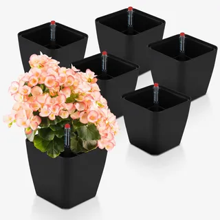 CPROSP 6X Selbstbewässerungstopf mit Wasserstandsanzeigen, Kräutertopf Selbstbewässernd 13,7 * 13,5 cm, Blumentopf Wasserspeicher mit Topf-in-Topf System, Blumentopf für Faule Schwarz