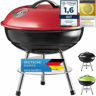GOODS+GADGETS® Kleiner Kugelgrill 38 cm - Holzkohle Tischgrill Edelstahl | Kompakter Mini-Grill für Camping, Festival & Picknick – emailliert, rostfrei, schnell aufgebaut