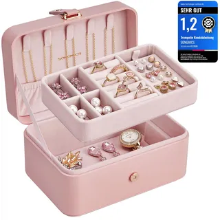SONGMICS Schmuckkästchen Reise, Schmuckkasten klein, 2 Ebenen Schmuckaufbewahrung, tragbar, Schmuck-Reiseetui, für größere Accessoires, 11 x 16 x 8 cm, Geschenkidee, pastellrosa JBC166R01