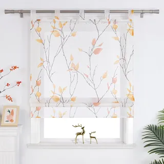 Joyswahl Raffrollo mit Schlaufen Landhausstil Raffgardinen Wohnzimmer Schlaufenrollo Fenster Vorhänge Transparent mit Blatt- und Blumenmuster BxH 120x140 cm Orange 1er Pack