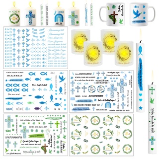 SelfTek Kerzentattoos Kommunion, 5 Stück 29 x 19 cm Kerzen Tattoo Kommunion und 4 Stück Windlicht Fisch Tischdeko, Tattoo Kerze Kommunion Geschenk für Jungen und Mädchen