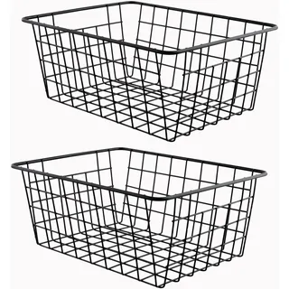 2 Stück Metall Drahtkorb Schwarz, 28 x 22 x 12cm, Korb Metall Rechteckig, Aufbewahrungskörbe Draht, Gitterkorb für Büro, Küche, Badezimmer, Schränke