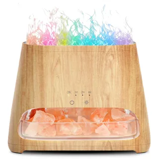 SALKING Aroma Diffuser mit Salt Range Pakistan Leuchte, 7 Farben LED Flammeneffekt Diffusor für ätherische Öle, Ultraschall Aromatherapie Luftbefeuchter, Automatisch Abschalten,150ml(RGB Holzmaserung)
