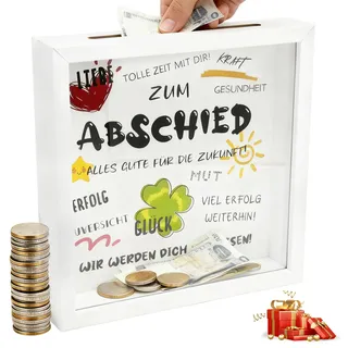 Abschiedsgeschenk Kollegen - Spardose mit Bilderrahmen - Glücksbringer für Jobwechsel, Ruhestand und Abteilungswechsel - Geschenk für Kollegen, Chefin und Chef - Weiß, “Alles Gute für die Zukunft”