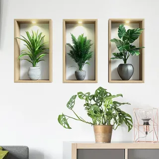 3 Stück Pflanzen-Wandaufkleber,3D grüne Topfpflanze wasserdichte Wandkunstaufkleber,3D Pflanzen-Wandaufkleber für Wohnzimmer Schlafzimmer Badezimmer Küche Büro Dekor (28x49cm)